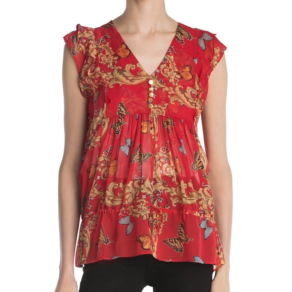 The Kooples Ruched Leaf & Butterfly-Print Silk Top